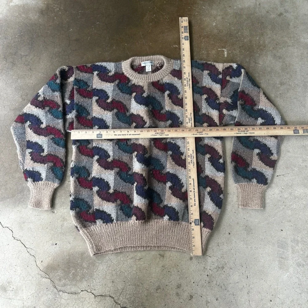 Bullock & Jones Sweater Mens Large Tan Excellent Handknit Alpaca Wool Geometric